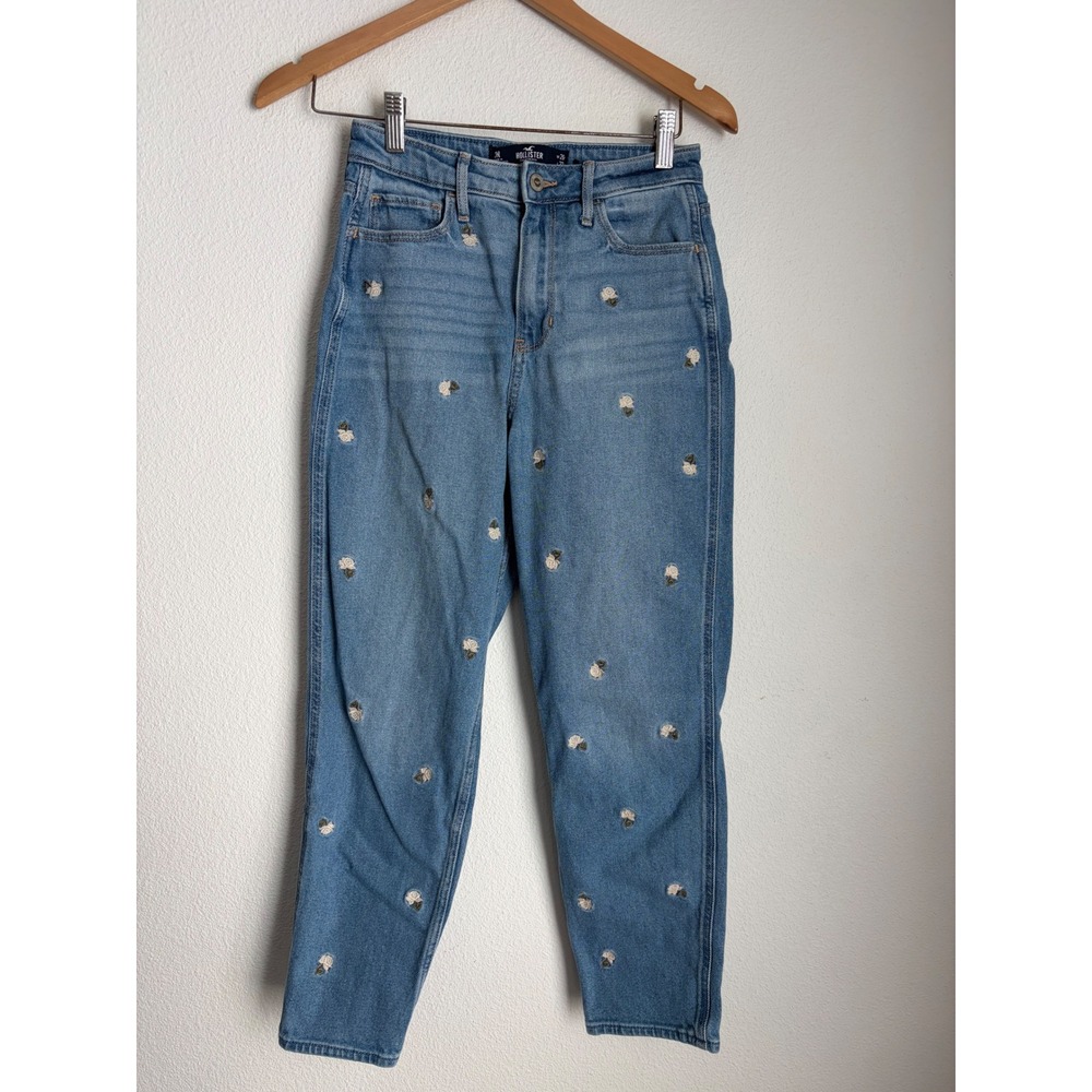 Hollister Ultra High-Rise Mom Jeans Floral Embroidered Rose Blue Denim‎